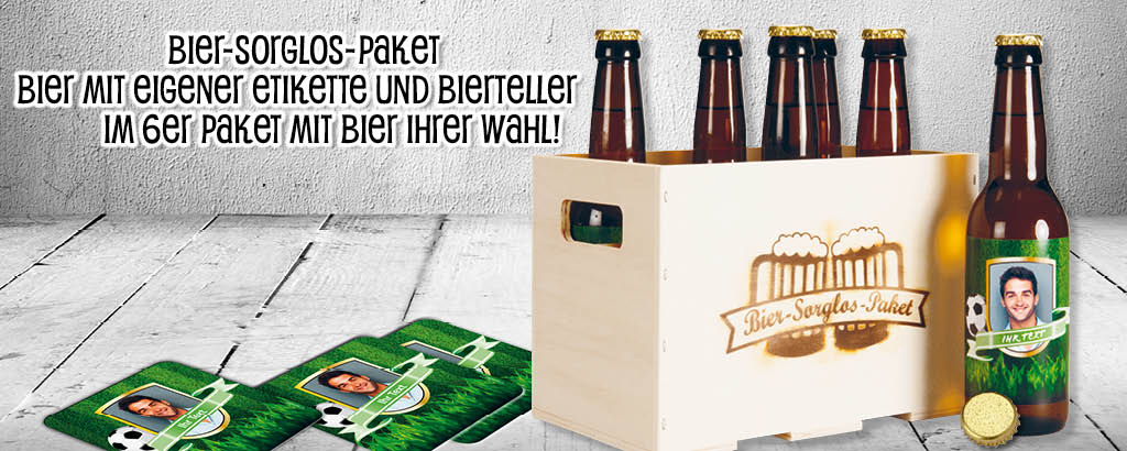 Bier mit eigener Etikette und Bierteller im 6er Paket mit Bier Ihrer Wahl Das Original-Bier-Sorglos-Paket