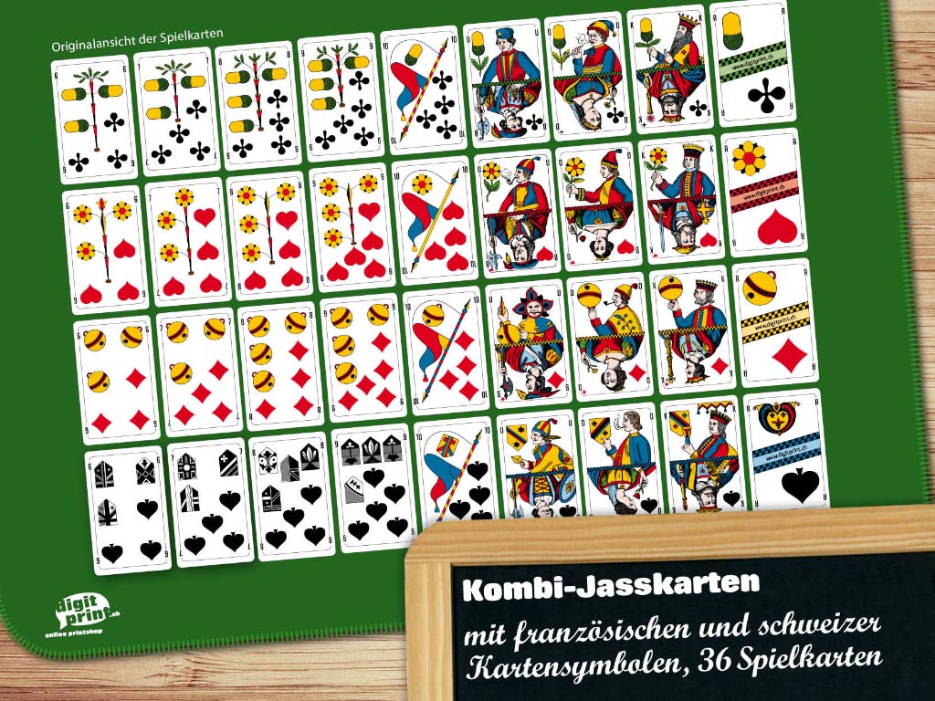 Kombi-Jasskarten mit französischen und deutschschweizer Kartenbildern